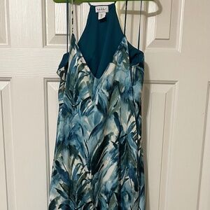 Nicole Miller Blue Watercolor Halter Maxi Dress | Tropical Print | Size Large